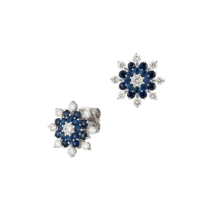 Aretes florales de diamantes y zafiro azul en oro blanco de 18K