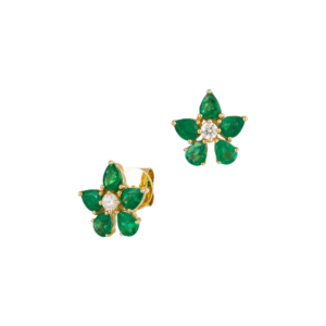 Emerald and Diamond Floral Earrings in 14k Yellow Gold