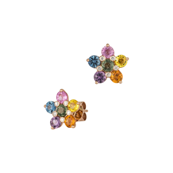 Pendientes floral de diamantes y zafiro multicolor en oro rosado de 18K