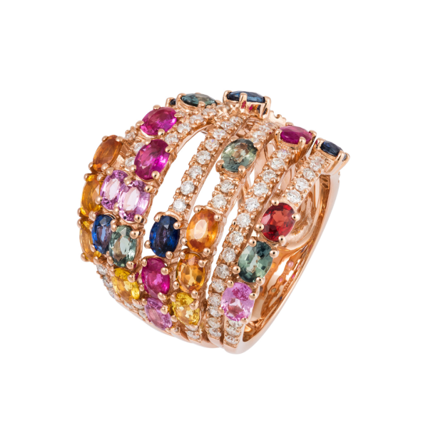 Anillo Multilínea con zafiros múltiples y diamantes en oro rosa de 18k.