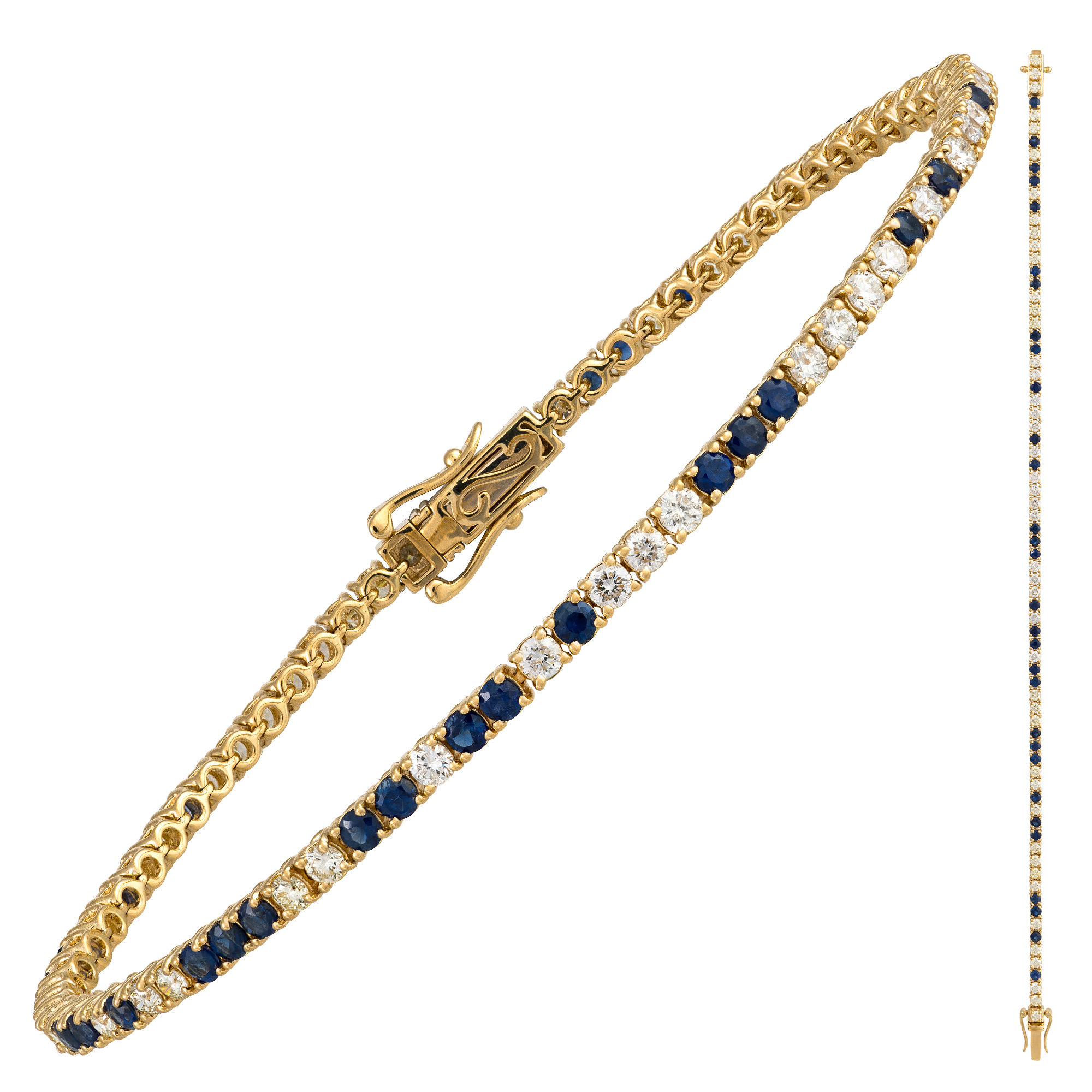 Pulsera Tennis en Oro Amarillo 18K con Diamantes y Zafiros Naturales